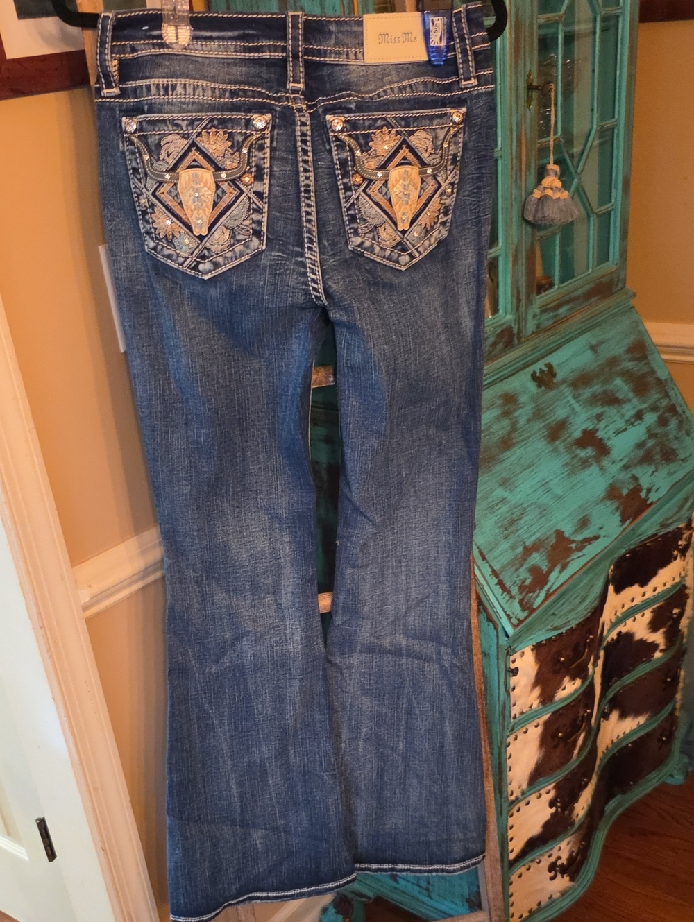 Miss Me Blue Embroidered Flare Jeans with Studded Pockets
